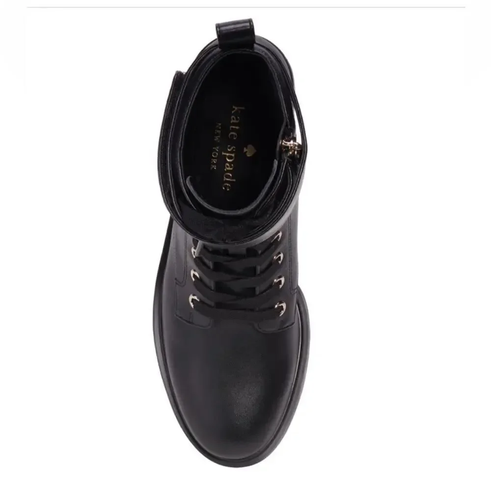 Kate Spade York Joplin Black Leather Lace Up Combat Lug Sole Boots $328
